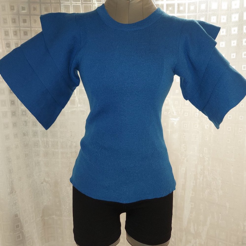Women's Blue Ruffle Sleeve Sweater